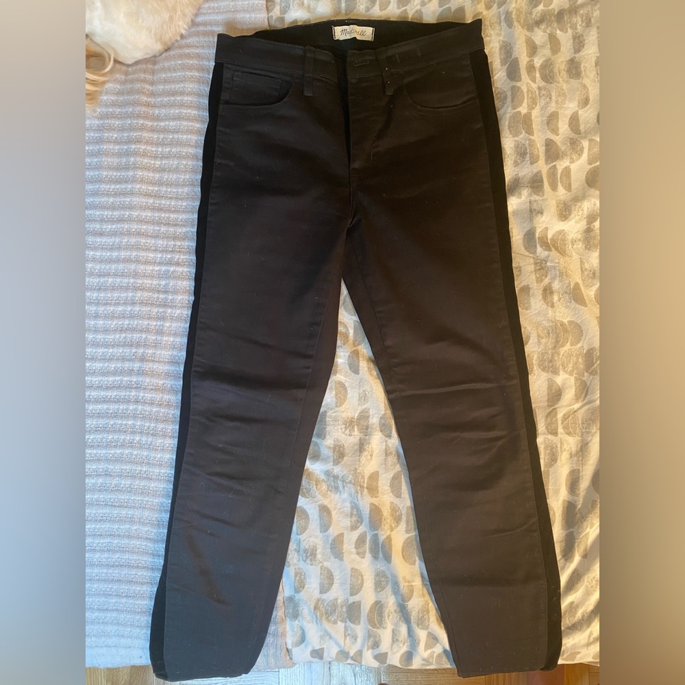 Madewell black skinny jeans with velvet stripe